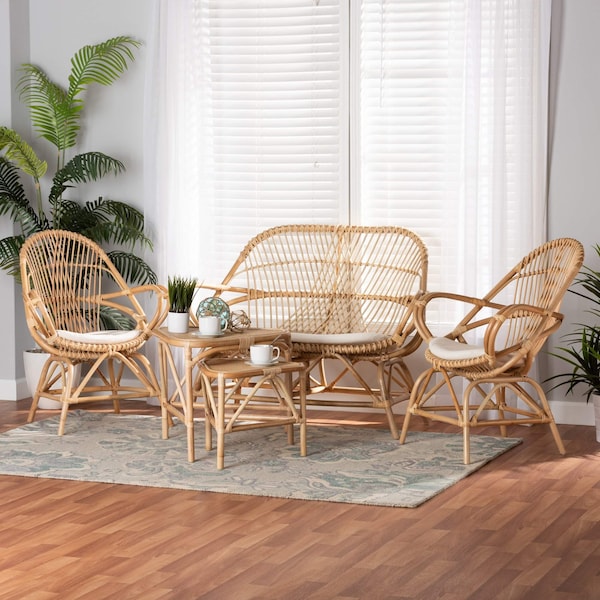 Baxton Studio Jayden Bohemian White Fabric Upholstered and Natural Brown Finished Rattan 5-Piece Living Room Set 205-12693-12694-12695 - main
